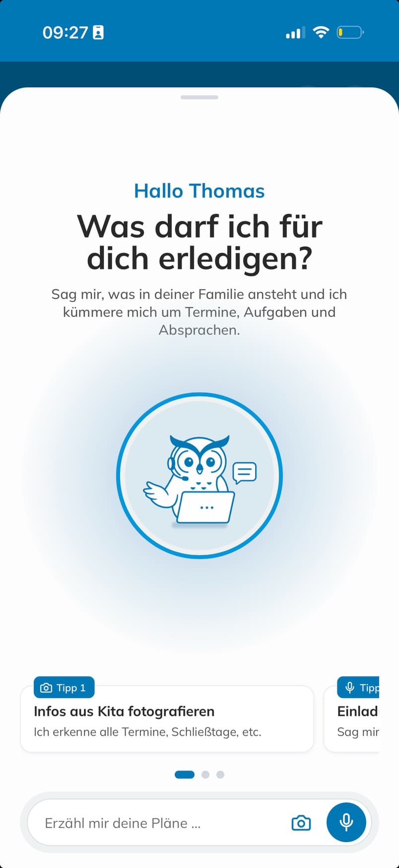 HappyNest App: Startübersicht „Dein Tag“