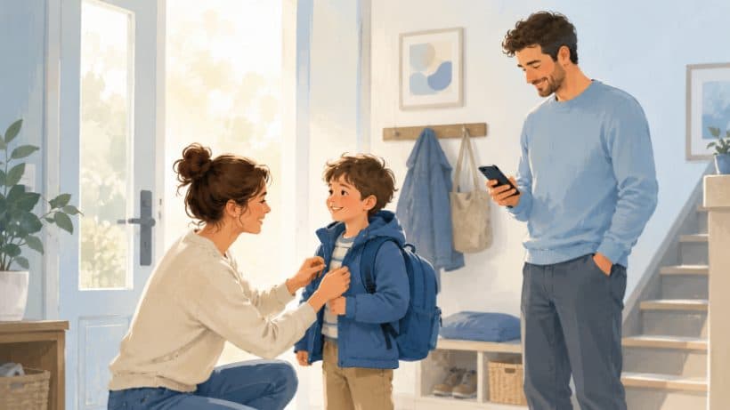 Eltern und Kind beim morgendlichen Aufbruch im Flur